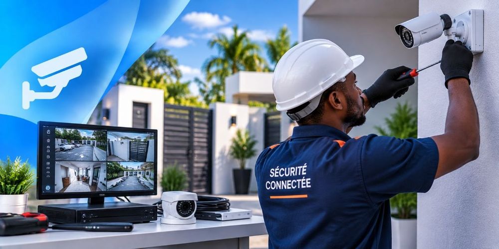 Technicien posant une caméra de surveillance sur un bâtiment