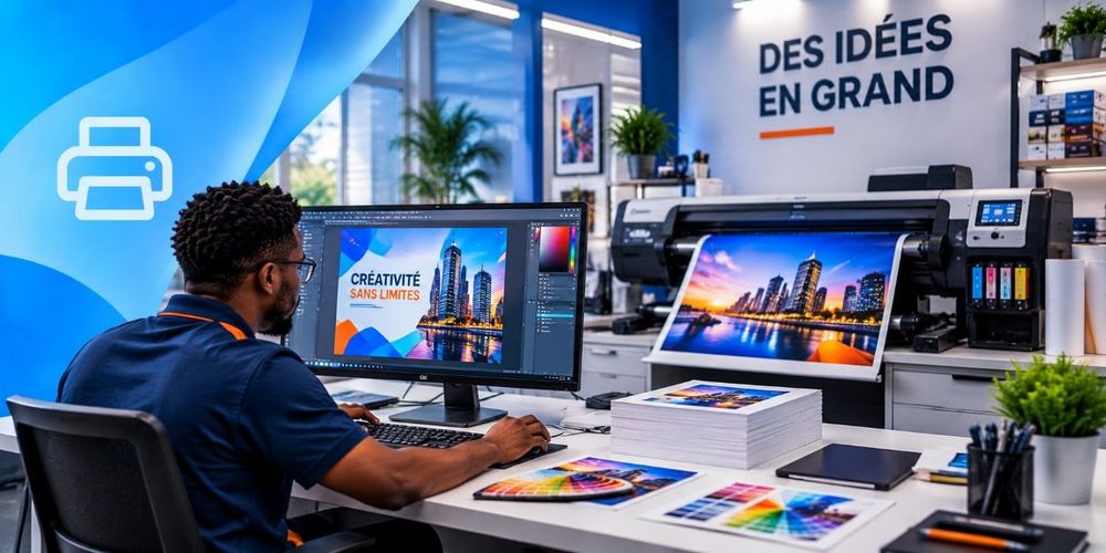 Atelier d'impression numérique grand format et travail graphique sur écran