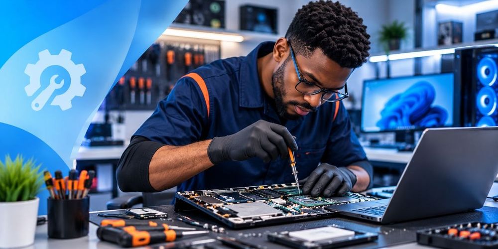 Technicien réparant la carte mère d'un ordinateur portable en atelier