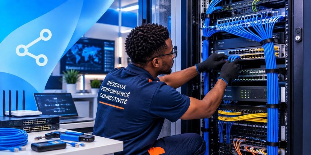 Technicien câblant une baie réseau avec switchs et câbles Ethernet