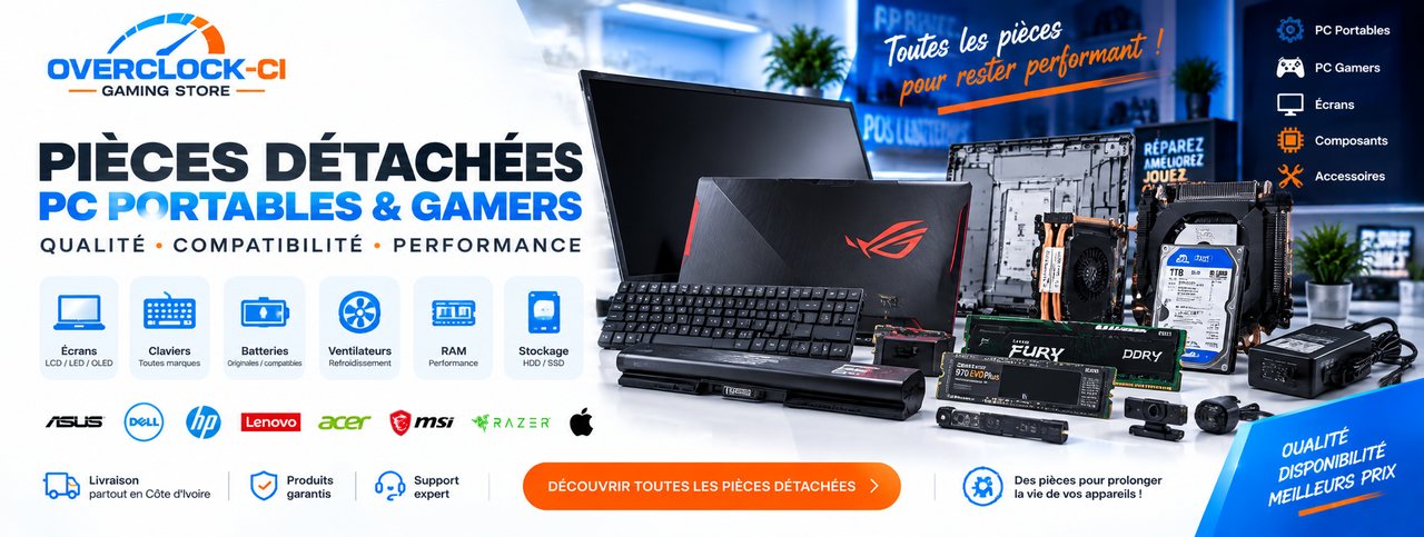 Pièces détachées pour PC portables et gamers : écrans, claviers, batteries, ventilateurs, RAM et stockage. Demander une pièce